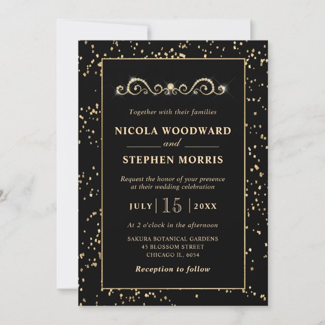 Elegant Ornament Gold Frame on Black Wedding Invitation (Front)