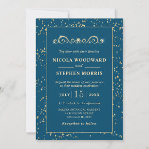 Elegant Ornament Gold Frame on Teal Wedding Invitation