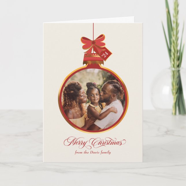 Elegant Ornament Merry Christmas Red Gold Photo Holiday Card (Front)