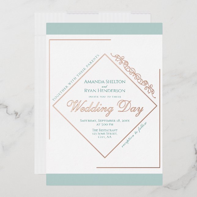 Elegant Ornament Turquoise Frame Wedding Gold Rose Foil Invitation (Envelope)