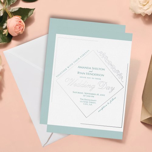 Elegant Ornament Turquoise Silver Frame Wedding  Foil Invitation