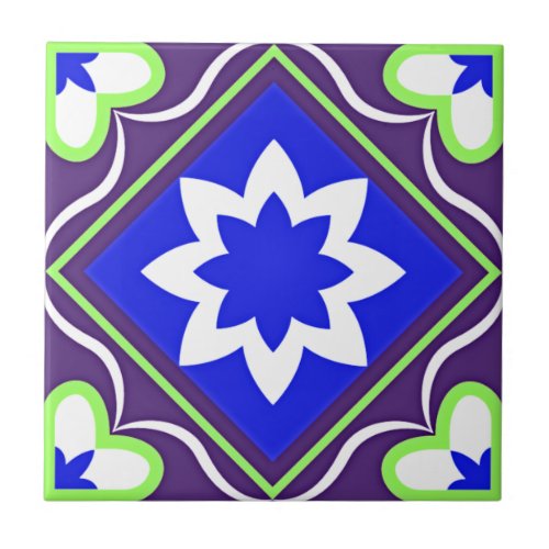 Elegant Ornamental Blue White Purple Green Ceramic Tile