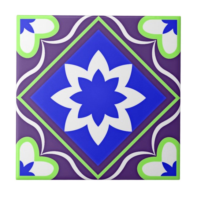 Elegant Ornamental Blue White Purple Green Ceramic Tile (Front)
