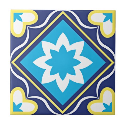 Elegant Ornamental Blue White Yellow Ceramic Tile