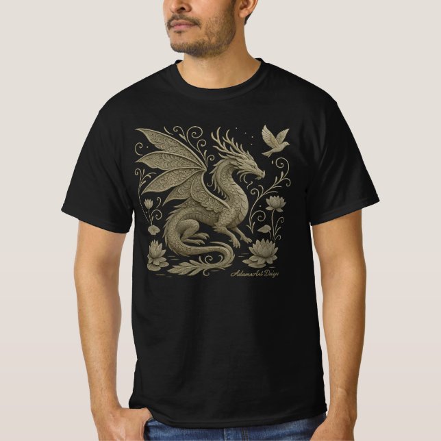 Elegant Ornamental Dragon and Lotus Fantasy Art T-Shirt (Front)