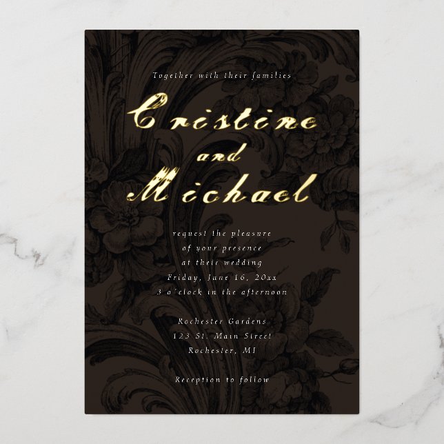 Elegant ornamental flowers gold wedding foil invitation (Front)
