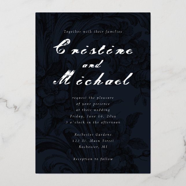 Elegant ornamental flowers silver wedding foil invitation (Front)