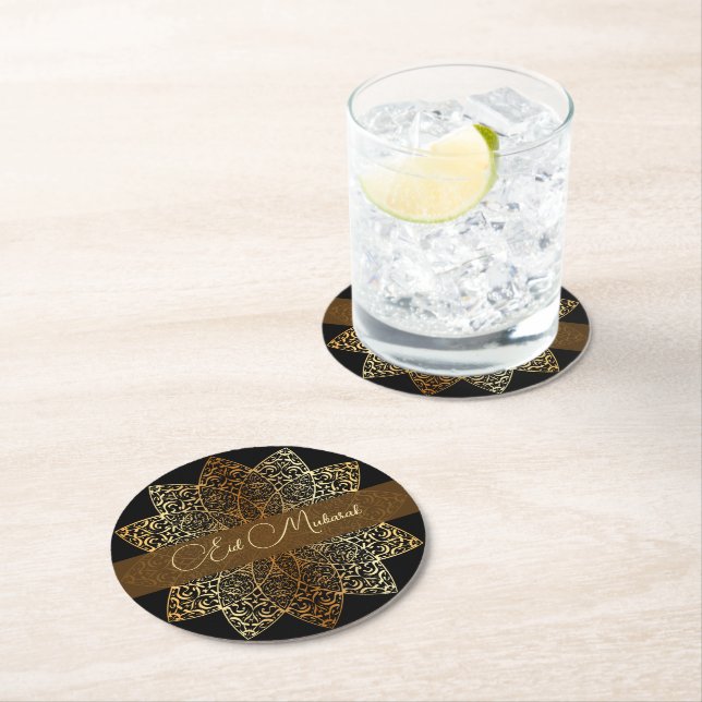 Elegant Ornamental Gold and Black Eid Mubarak Round Paper Coaster (Insitu)