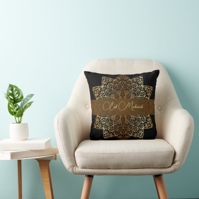 Elegant Ornamental Gold & Black Happy Eid Mubarak Throw Pillow (Chair)