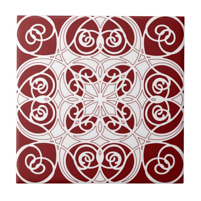 Elegant, ornamental, modern, burgundy, white ceramic tile (Front)