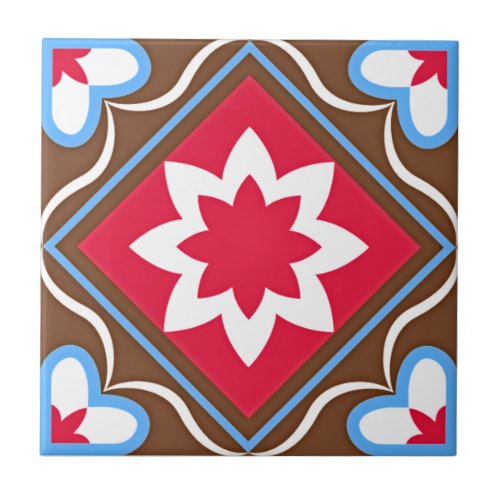 Elegant Ornamental Red White Blue Brown Ceramic Tile