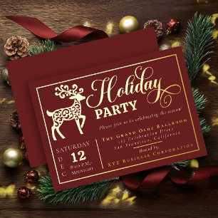 Elegant Ornamental Reindeer Holiday Party Gold Foil Invitation