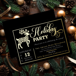 Elegant Ornamental Reindeer Holiday Party Gold Foil Invitation