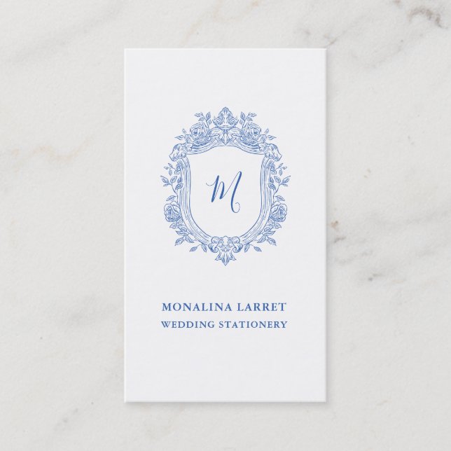 Elegant Ornamental Roses Crest Blue Monogram  Business Card (Front)