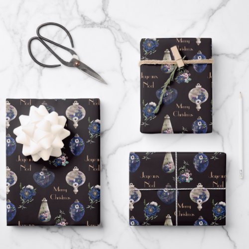 Elegant ornaments of champagne blush and navy blue wrapping paper sheets
