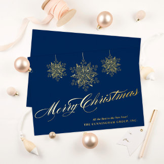 Elegant Ornaments on Blue Merry Christmas Foil Holiday Card