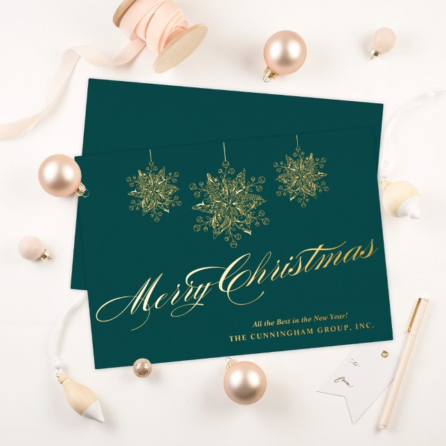 Elegant Ornaments on Green Merry Christmas Foil Holiday Card (Creator Uploaded)