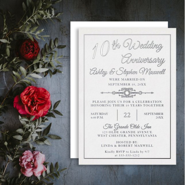 Elegant Ornate 10th Wedding Anniversary Party  Foil Invitation