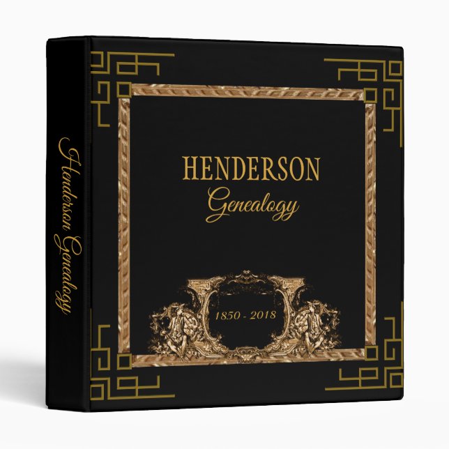 Elegant Ornate Black Gold Genealogy 3 Ring Binder (Front/Spine)