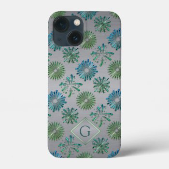 Elegant Ornate Blue Green Pattern Monogram Iphone 13 Mini Case by LouiseBDesigns at Zazzle