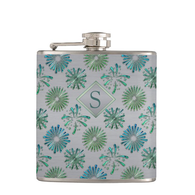 Elegant Ornate Blue Green Pattern Monogram Flask (Front)