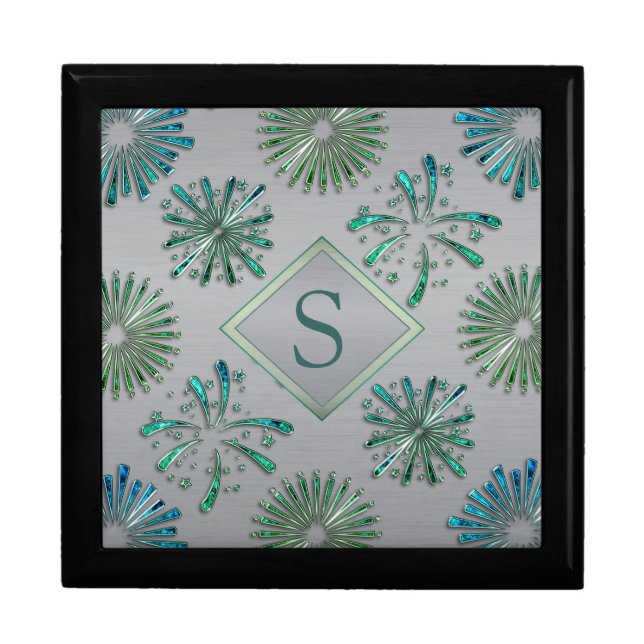 Elegant Ornate Blue Green Pattern Monogram Gift Box (Front)