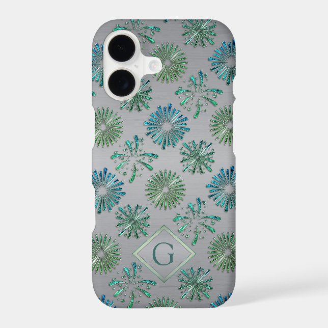 Elegant Ornate Blue Green Pattern Monogram Iphone Case (Back)