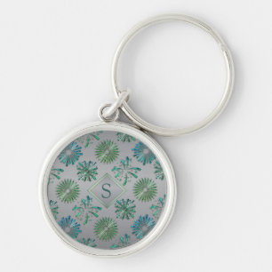Elegant Ornate Blue Green Pattern Monogram Keychain
