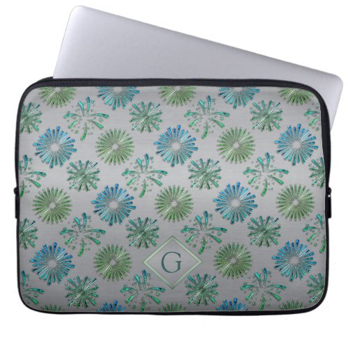 Elegant Ornate Blue Green Pattern Monogram Laptop Sleeve