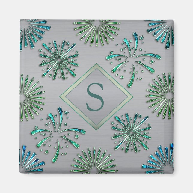 Elegant Ornate Blue Green Pattern Monogram Magnet (Front)