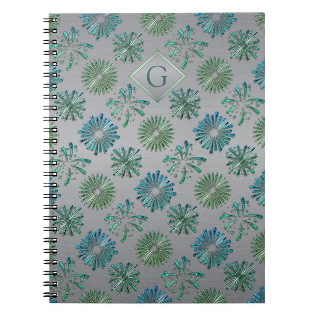 Elegant Ornate Blue Green Pattern Monogram Notebook (Front)