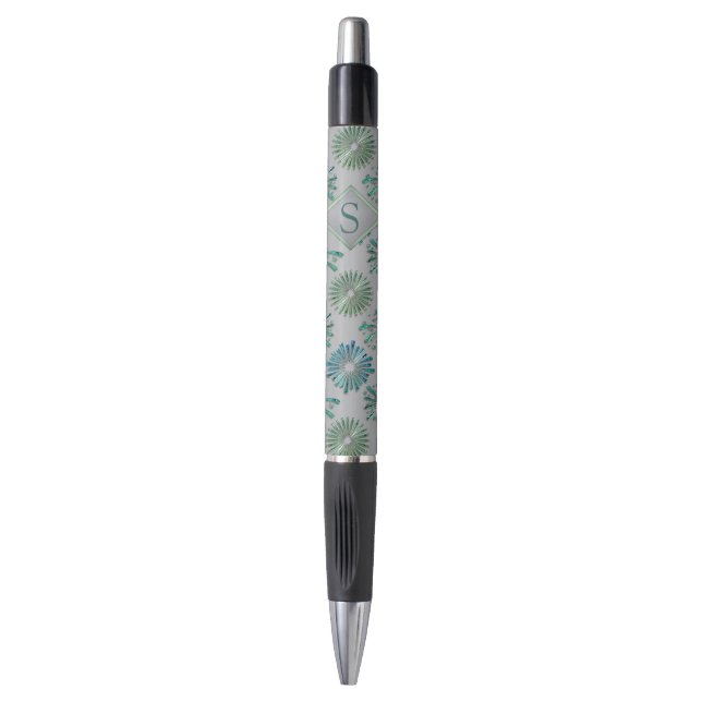 Elegant Ornate Blue Green Pattern Monogram Pen (Front Vertical)