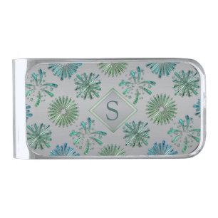 Elegant Ornate Blue Green Pattern Monogram Silver Finish Money Clip