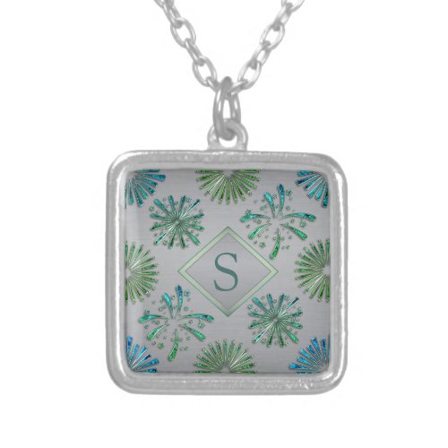 Elegant Ornate Blue Green Pattern Monogram Silver Plated Necklace