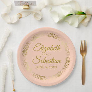 Elegant Ornate Border Coral Peach & Gold Wedding Paper Plates