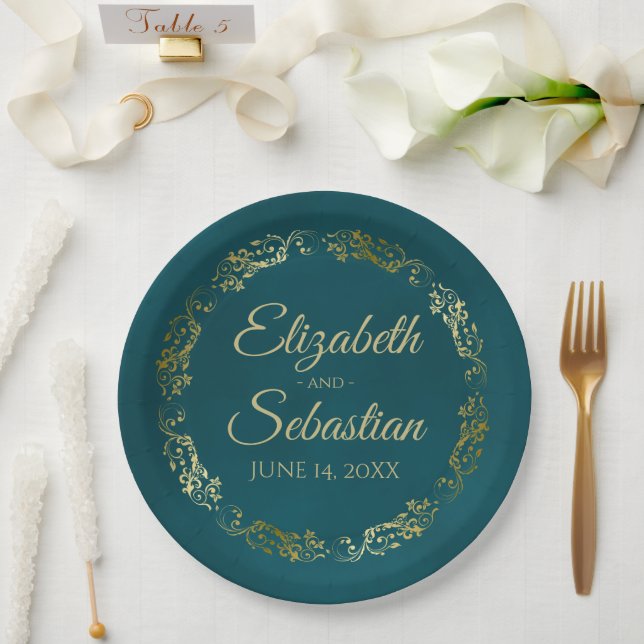 Elegant Ornate Border Dark Teal & Gold Wedding Paper Plates (Wedding)