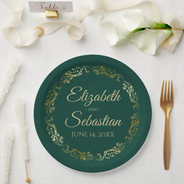Elegant Ornate Border Emerald Green & Gold Wedding Paper Plates (Wedding)
