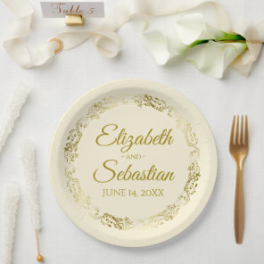 Elegant Ornate Border Gold & Cream Wedding Paper Plates