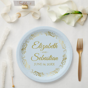 Elegant Ornate Border Light Blue & Gold Wedding Paper Plates