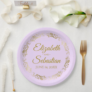 Elegant Ornate Border Lilac Purple & Gold Wedding Paper Plates