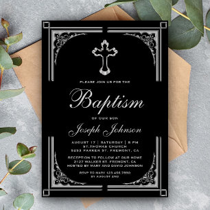 Elegant Ornate Border Silver Cross Baptism Invitation