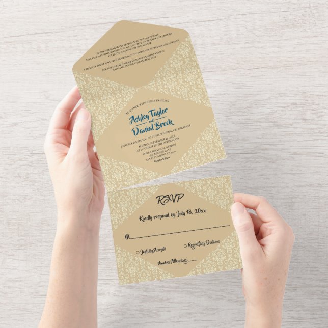 Elegant Ornate Damask Script Beige Classic Wedding All In One Invitation (Tearaway)
