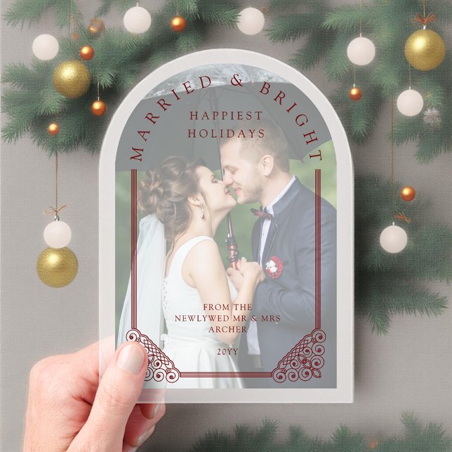 Elegant Ornate Faux Dome Photo First Christmas Acrylic Invitations (Elegant Ornate Faux Dome Photo First Christmas Married Acrylic Card for Newlyweds)