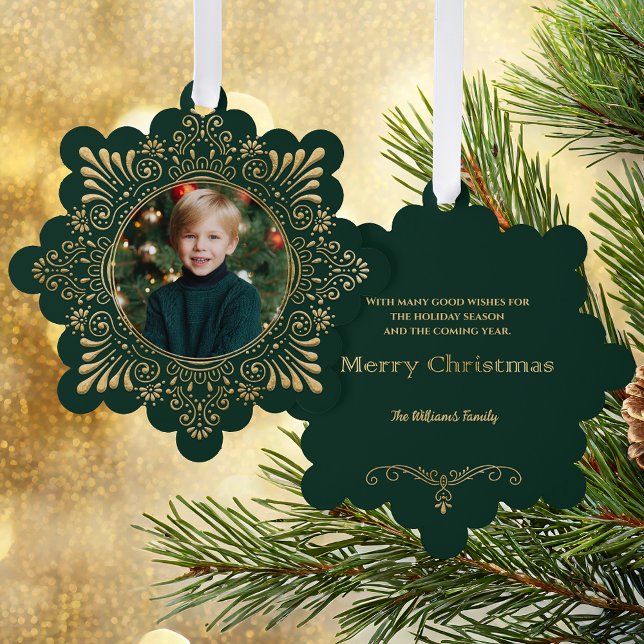 Elegant Ornate Faux Hammered Gold Photo-Green Ornament Card (Creator Uploaded)