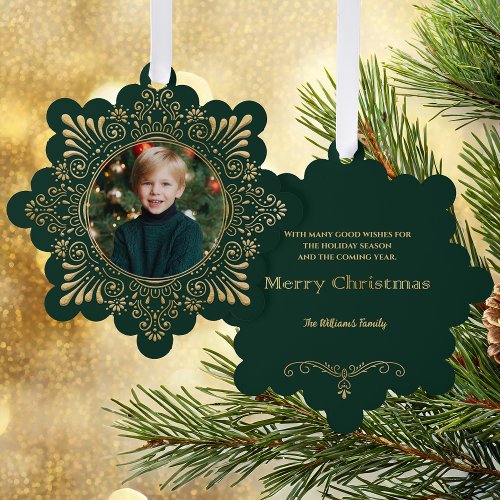 Elegant Ornate Faux Hammered Gold Photo_Green Ornament Card