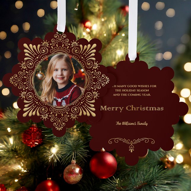 Elegant Ornate Faux Hammered Gold Photo-Red Ornament Card (Creator Uploaded)