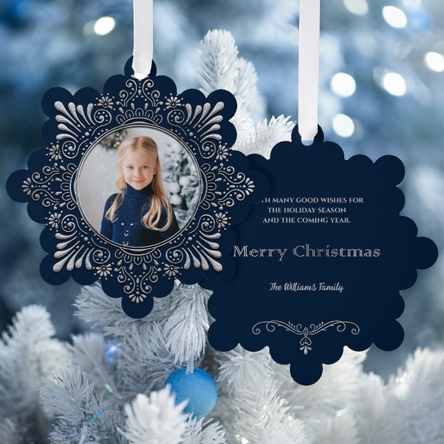 Elegant Ornate Faux Hammered Silver Photo-Blue Ornament Card (Creator Uploaded)