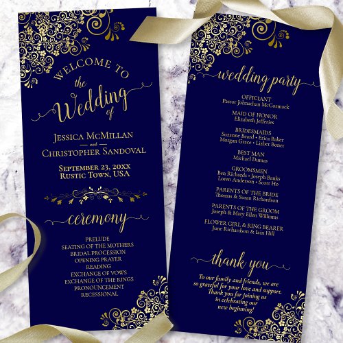 Elegant Ornate Gold and Navy Blue Fancy Wedding Program