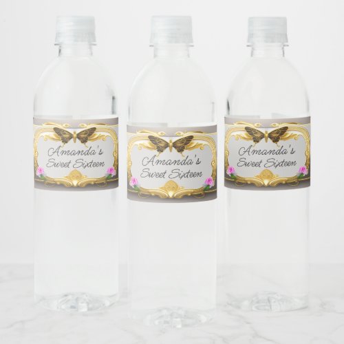 ElegantOrnate Gold Butterfly Sweet Sixteen   Water Bottle Label