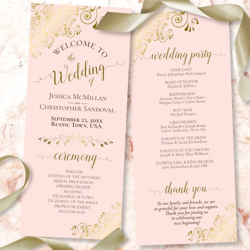 Elegant Ornate Gold Curls on Blush Pink Wedding Program